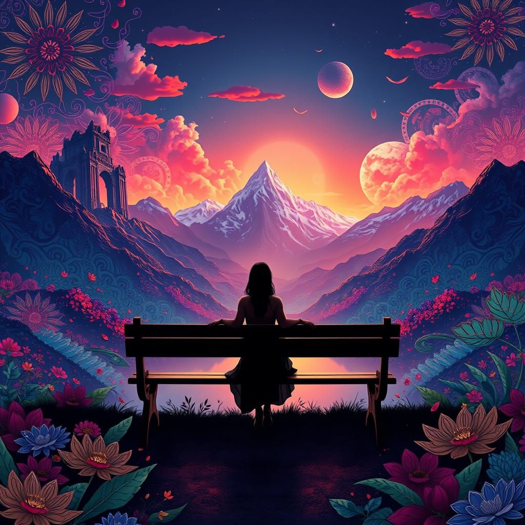 The image features a serene silhouette of a woman on a bench...