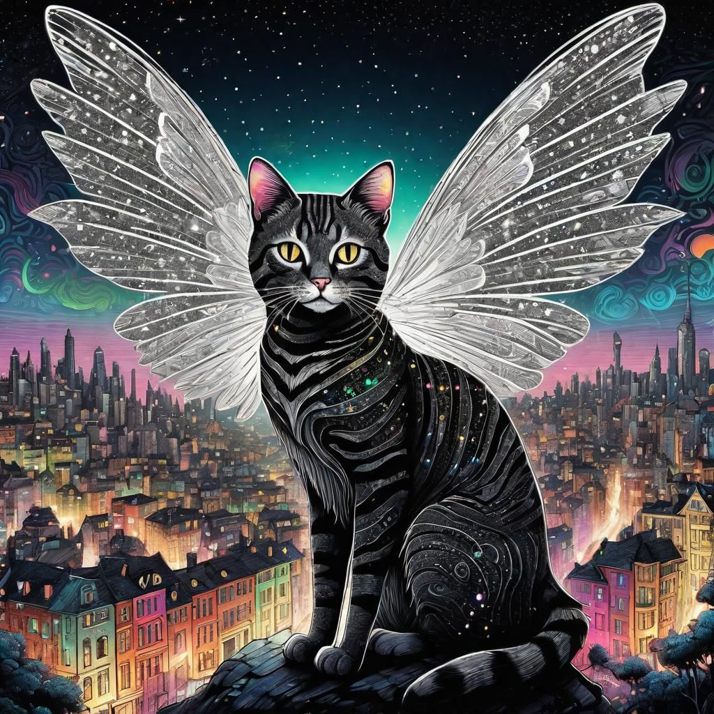 Fairy Cat with Wings in Utopian City