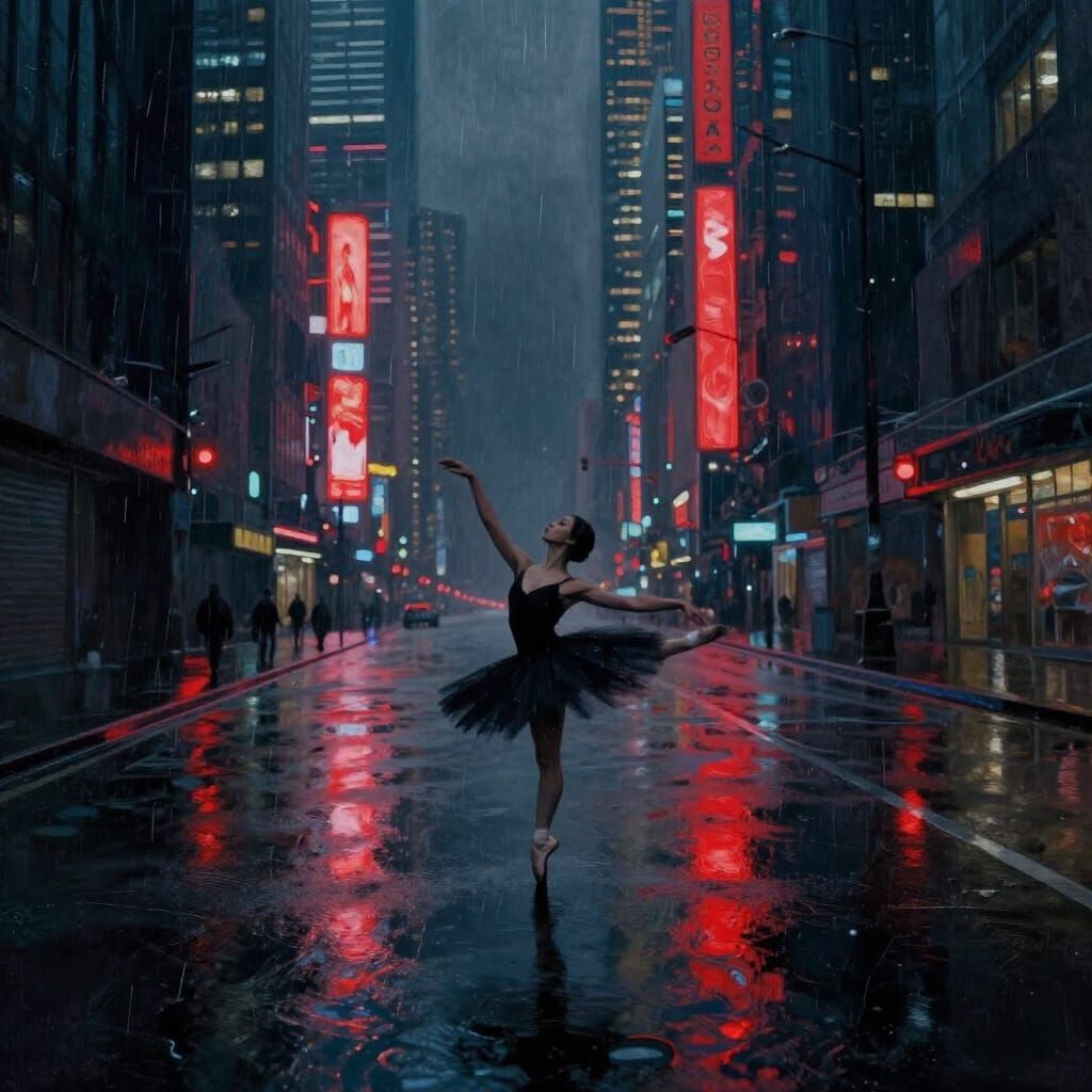 Ballet Dancer on Futuristic Neon Street