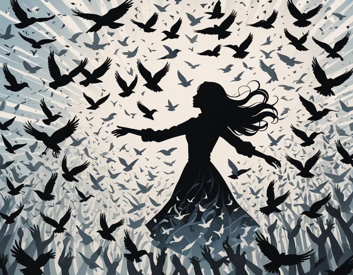Woman Silhouette Flying with Birds in Cartoon Style