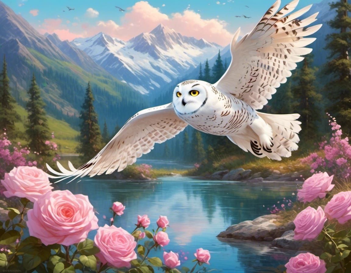 Snowy Owl Flight Over Spring Flowers