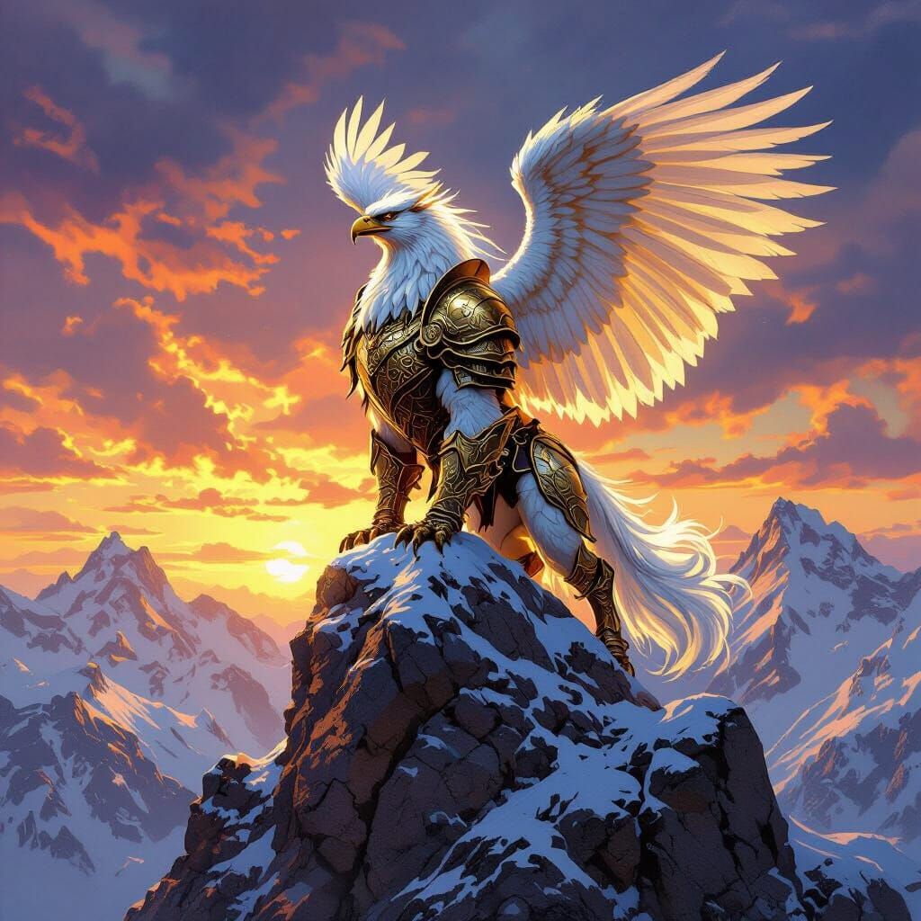 Armored Griffin on Mountain Peak at Sunset