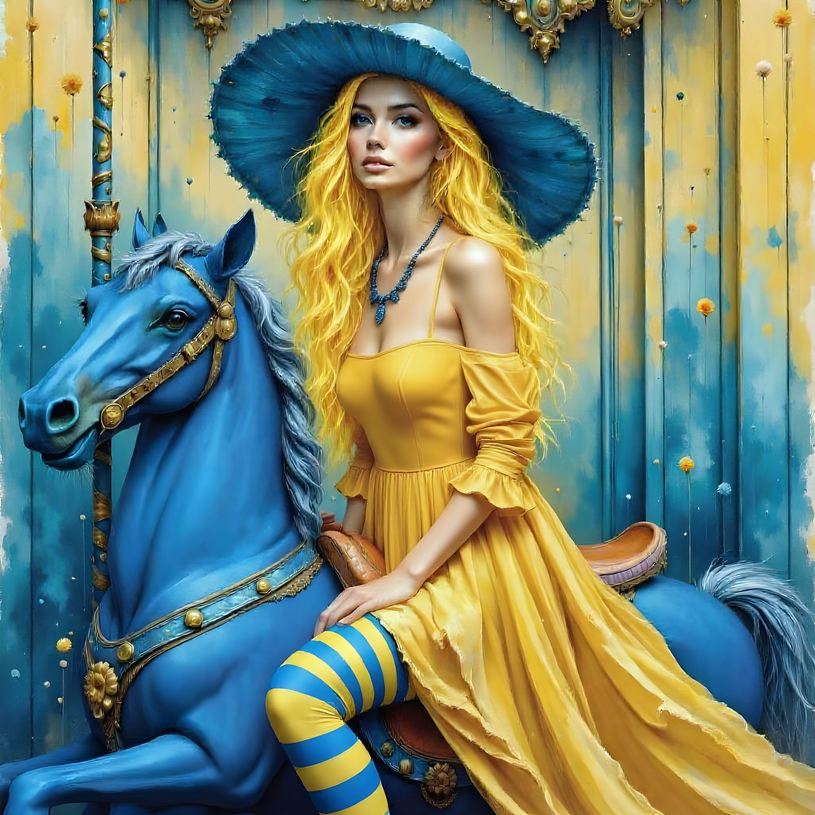 Blue and Yellow Carousel Portrait in Mixed Media