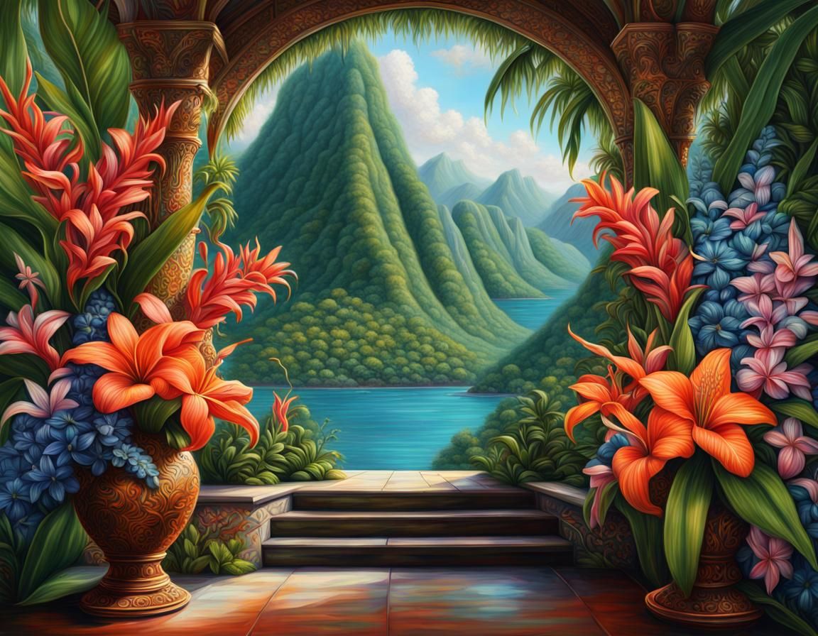 Tropical Flowers in Oil Painting With Mountain Waterfall