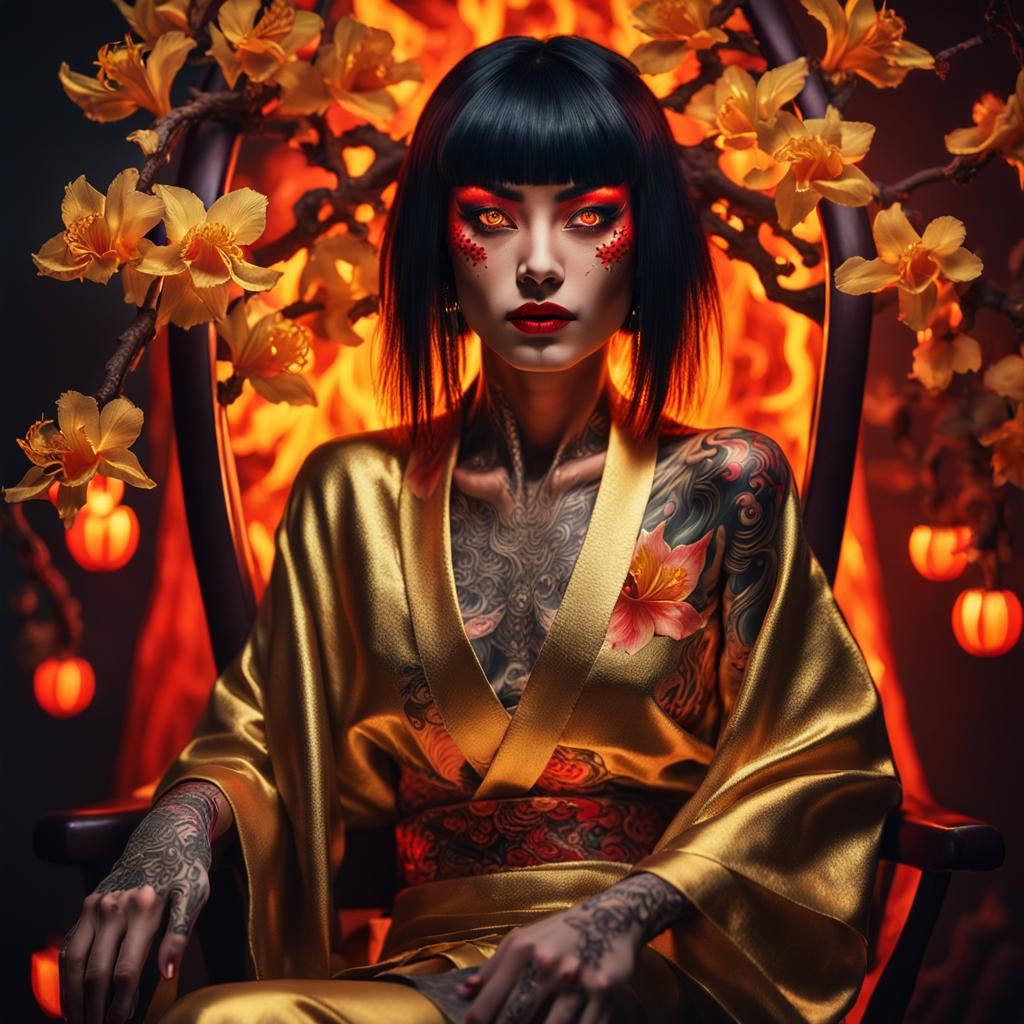 Demon Woman in Kimono: Hyperrealistic Fantasy Portrait