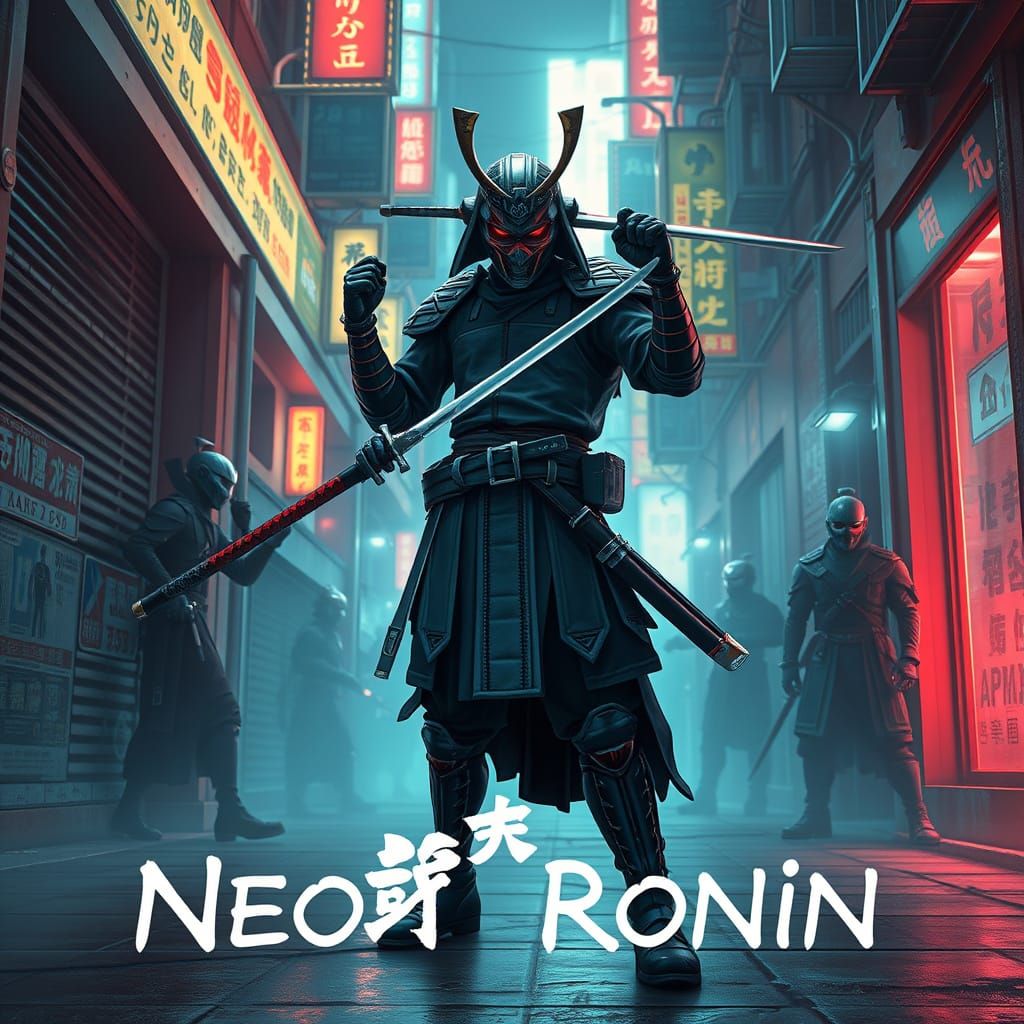 Cyberpunk Samurai Game Cover in Neon Alleyway