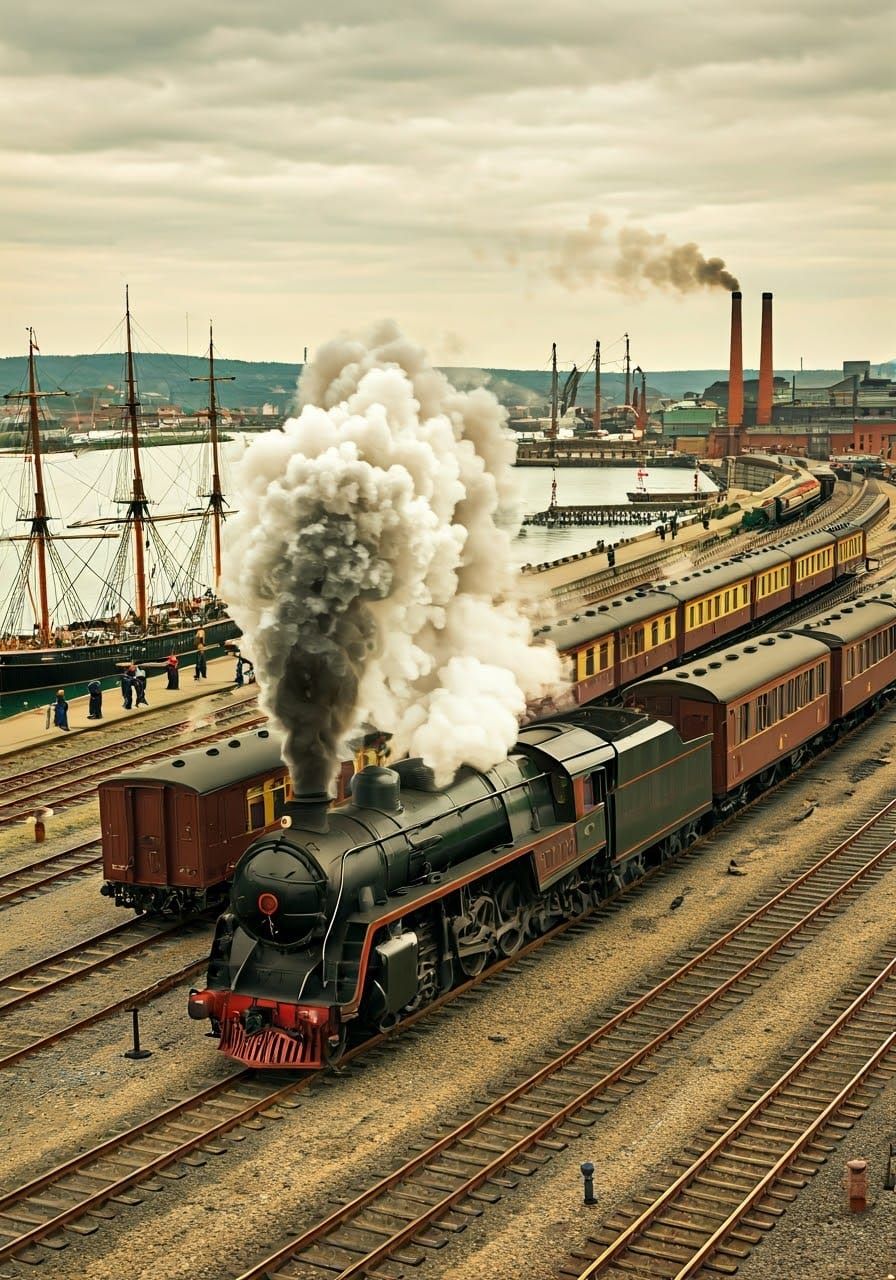 Vintage-Style Harbor Scene with Steam Locomotive