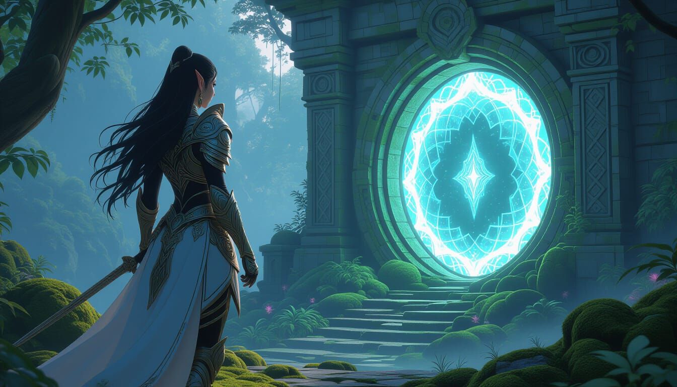 Elven Warrior on Ancient Ruins in 3D Anime Style