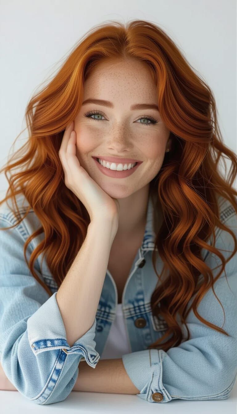 Cheerful Woman with Curly Red Hair in Studio Portrait