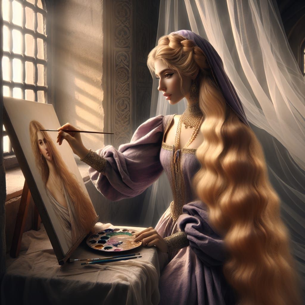 Middle-Eastern Princess Painting in a Tower Room