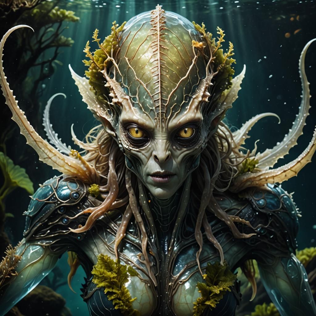 a alien underwater nymph awe inspiring anthropomorphic fit ram horned male albino winged alien creature, big fragile tra...