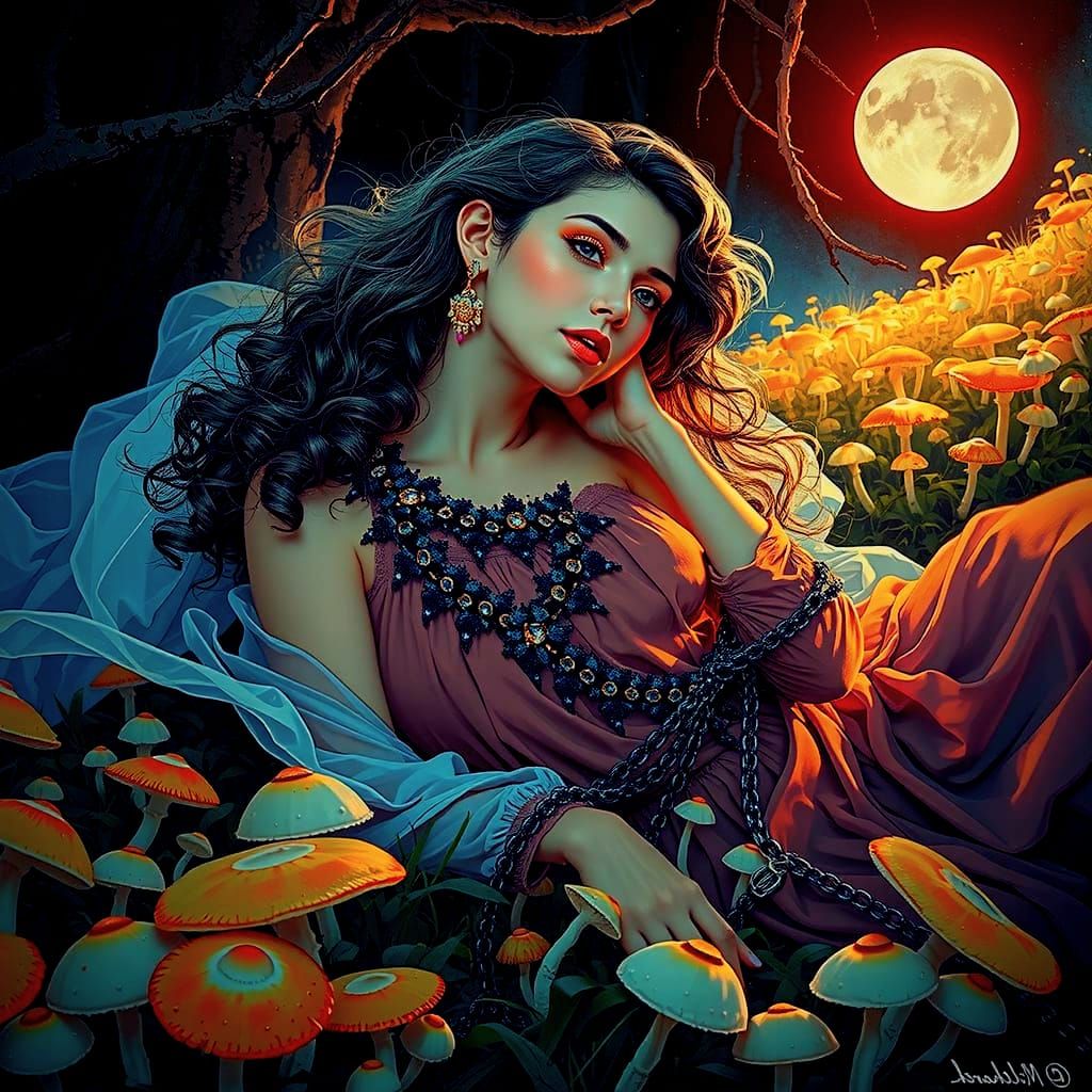 Ethereal Charisma in Bioluminescent Forest: Romantic Illustr...