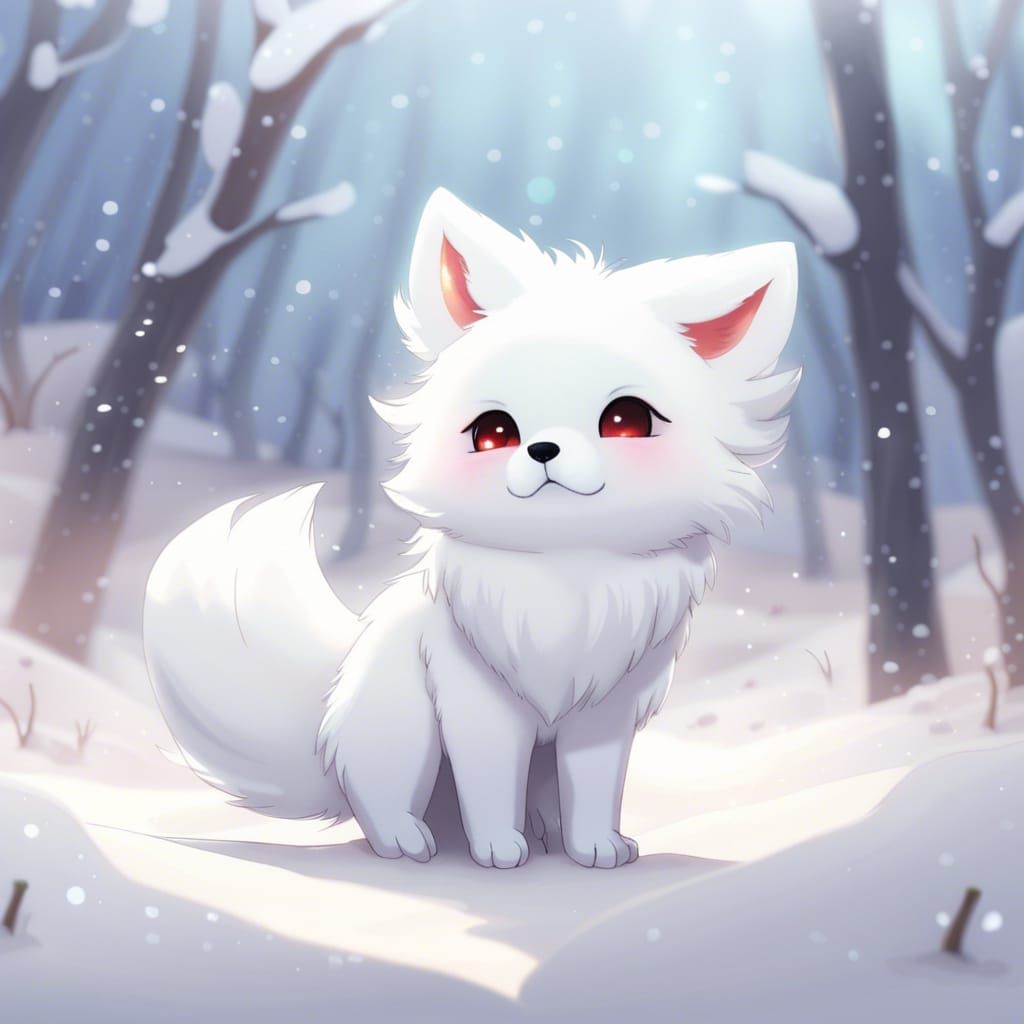 Chibi White Fox Cub in Anime Style