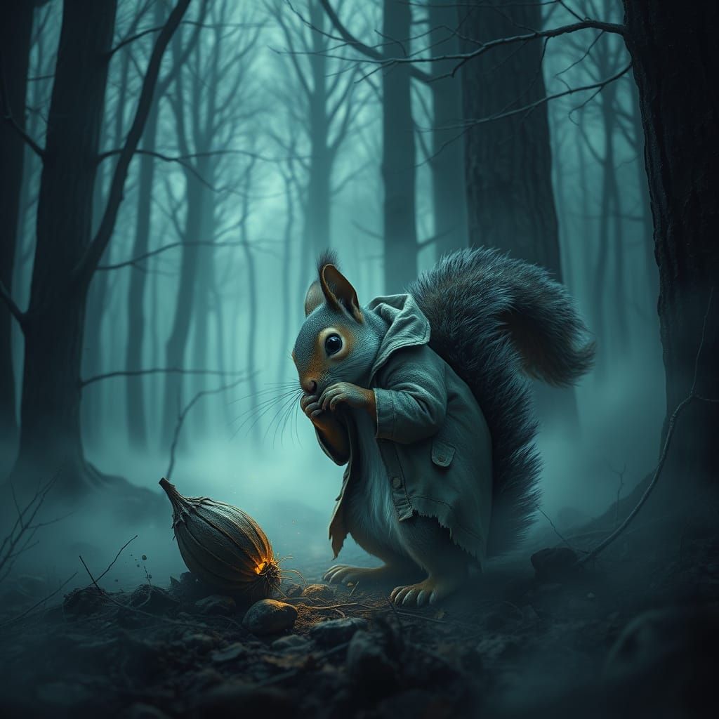 Squirrel Discovering Nut in Eerie Forest