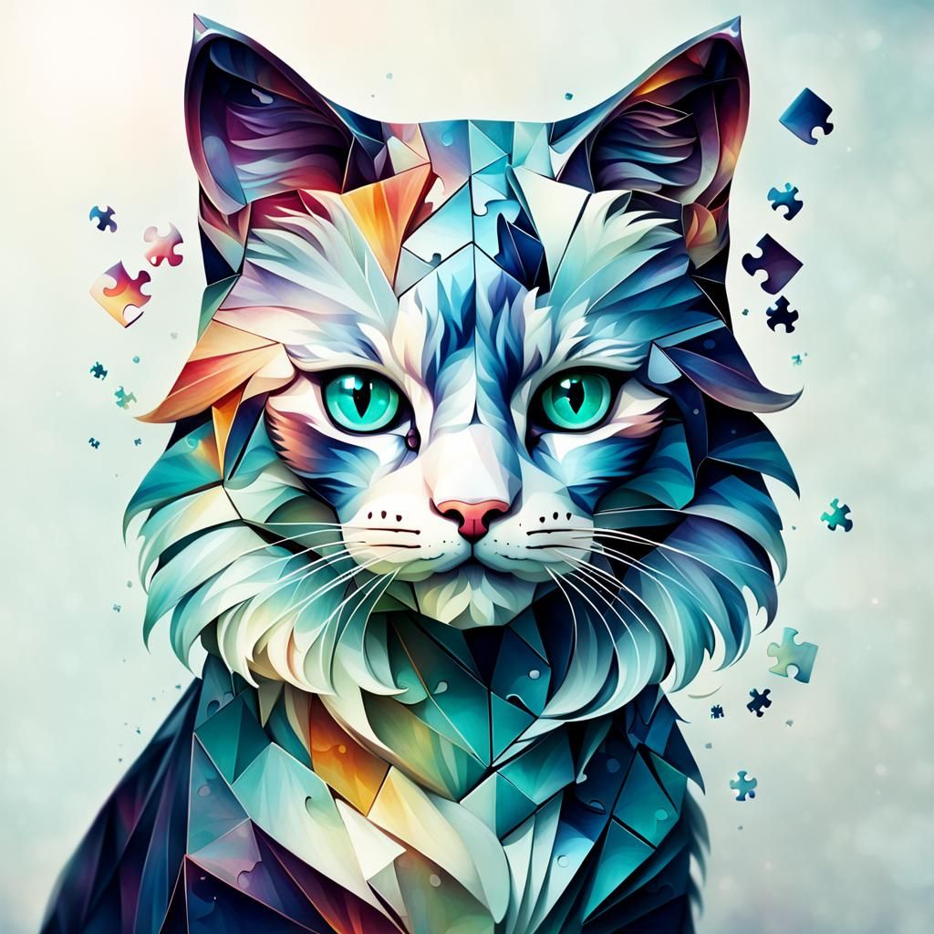 Puzzle Cat with Prism Effect in Digital Art Style