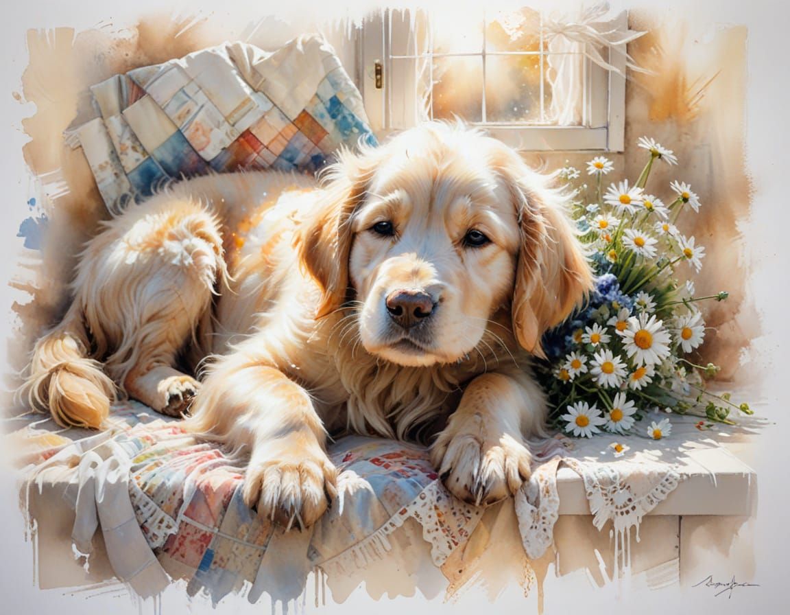 Golden Retriever Puppy Dozing on Quilt with Daisies