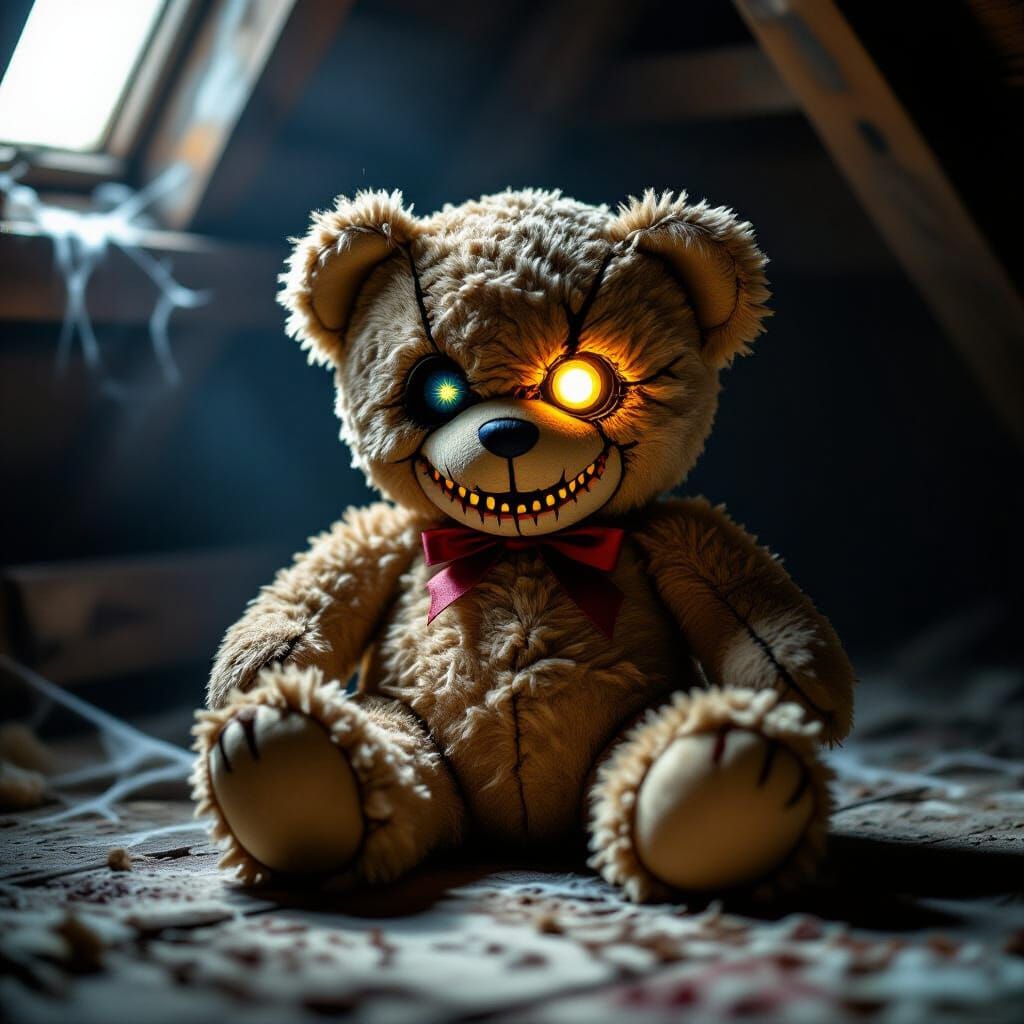 Menacing Teddy Bear in Dusty Attic, Cinematic Style