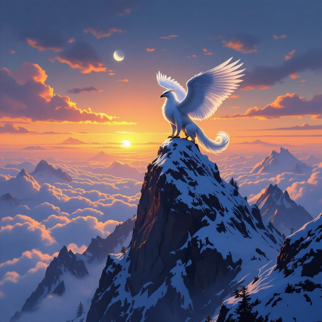 Majestic Griffin Surveys Twilight Valley from Snowy Peak