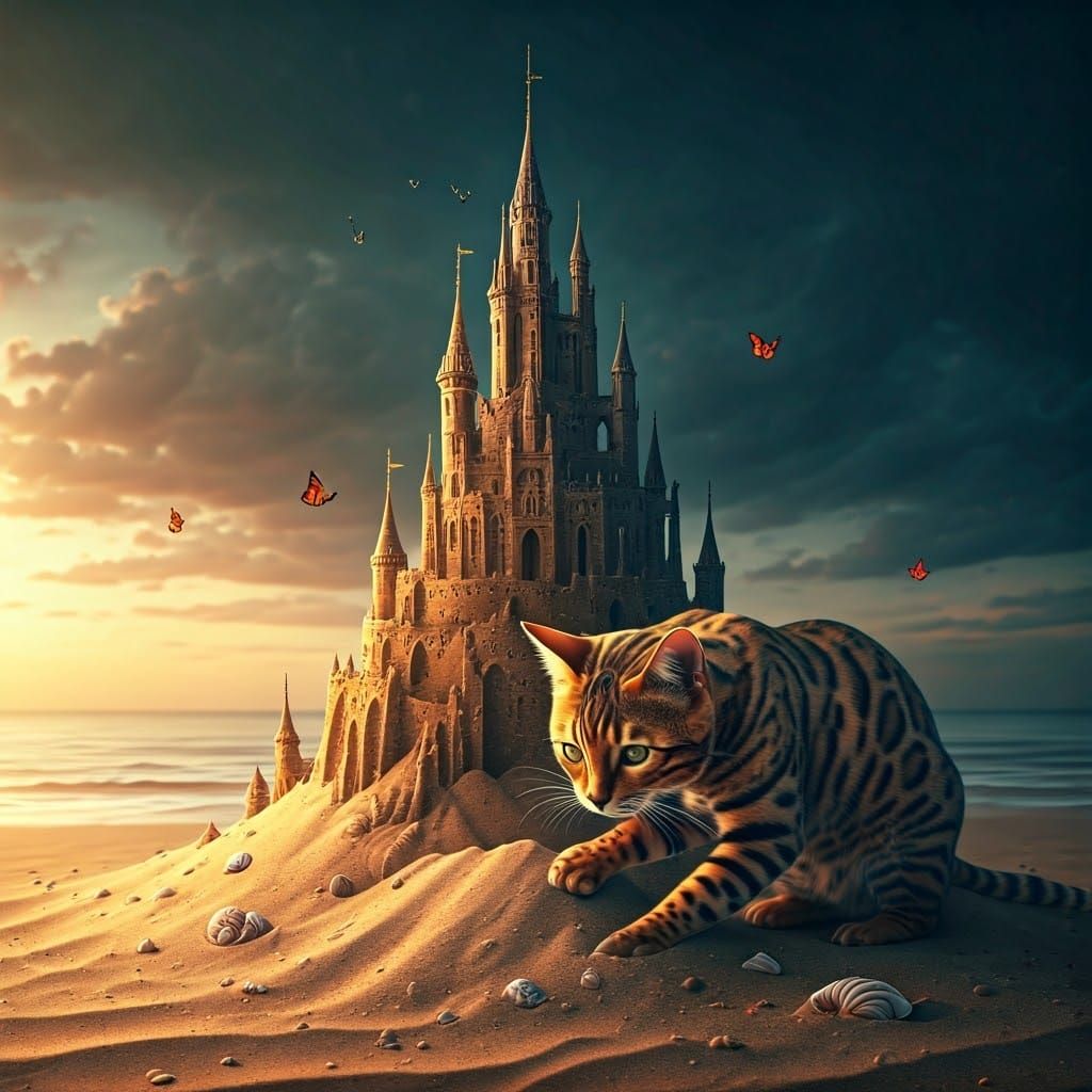 A beautiful bengal cat building a ginormous magical sand cas...