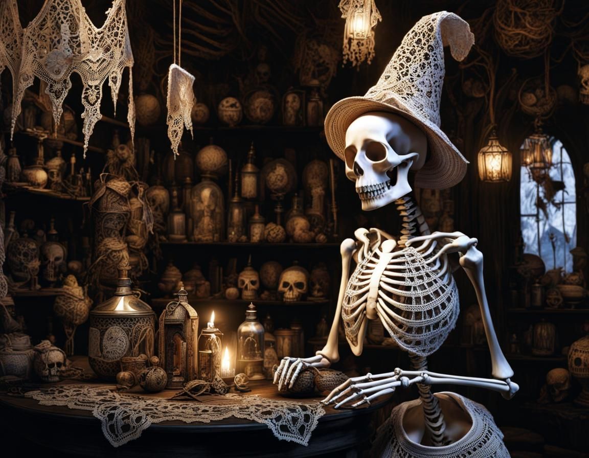Lace Skeleton in Witch Shop, Dark Fantasy Art