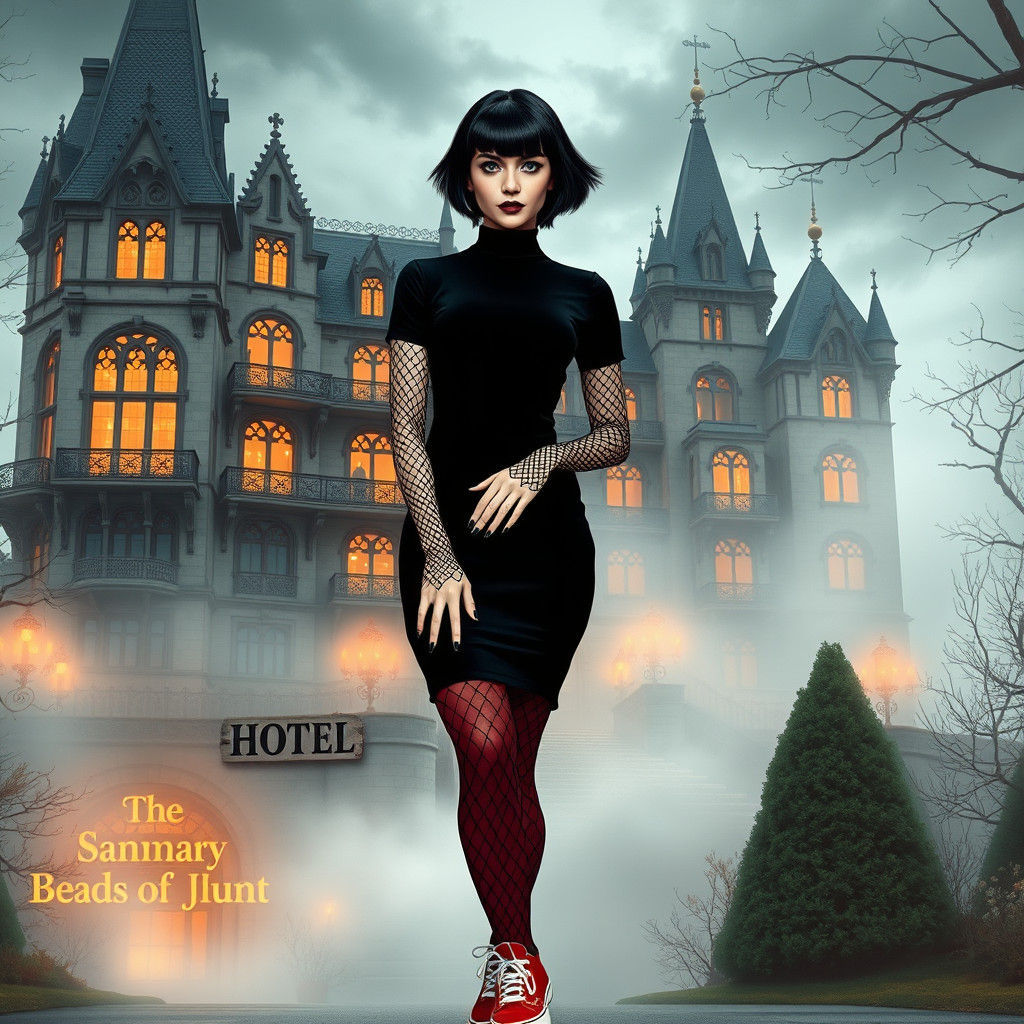 Elegant Vampire Woman in Front of Gothic Castle