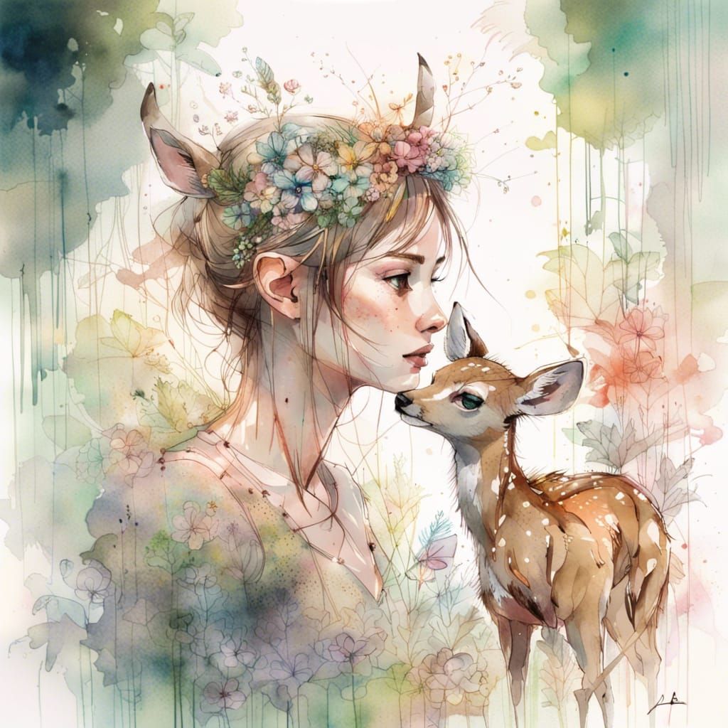 Watercolor Portrait of Deer Family in Forest
