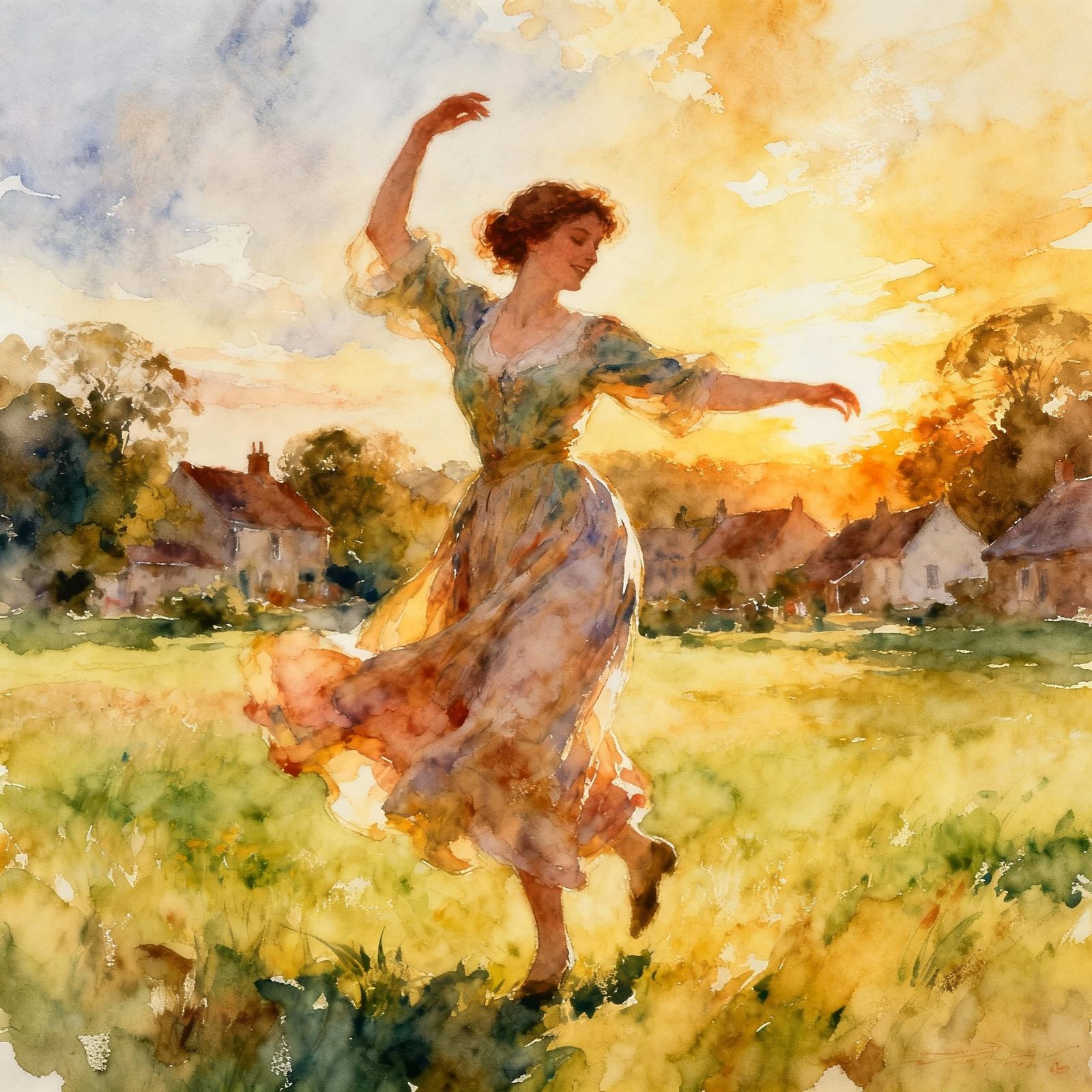 Joyful English Dancer in Luminous Watercolor Style