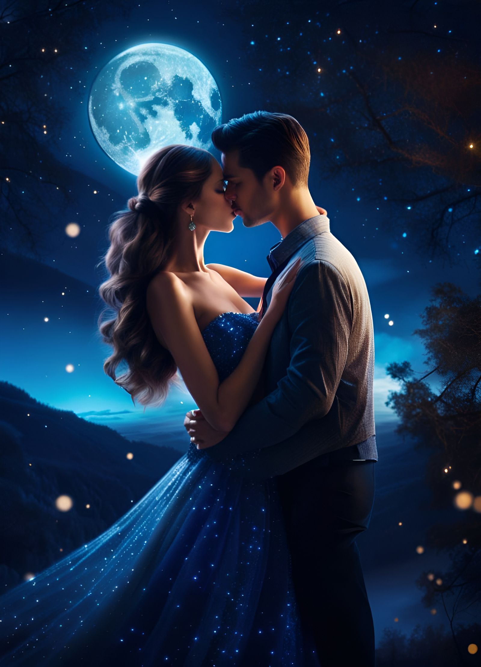 Romantic Kiss Under Galaxy Moon, Digital Art