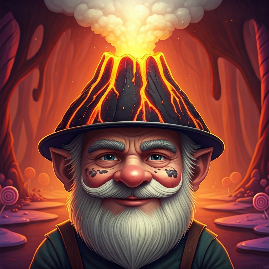 Gnome Wears Volcano Hat in Whimsical Candy Land
