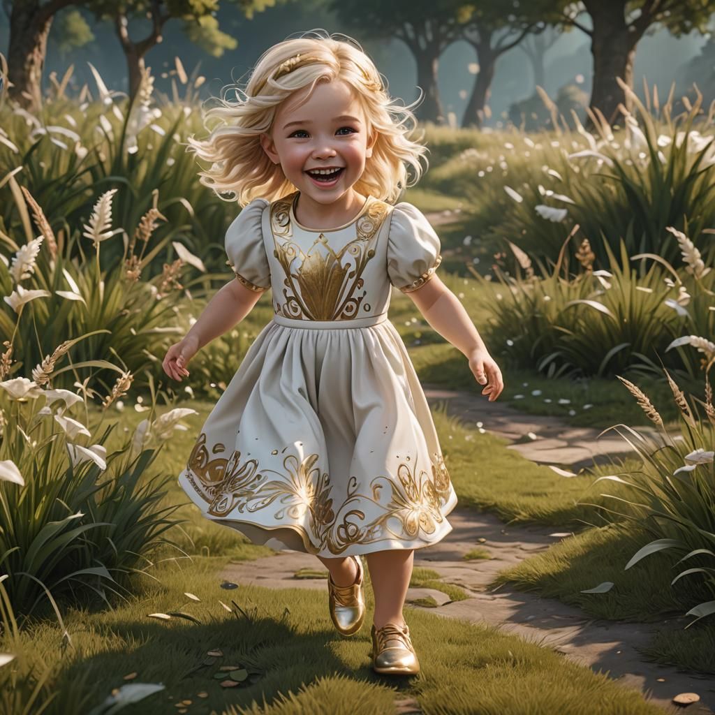 Toddler Princess Running in a Grassy Field