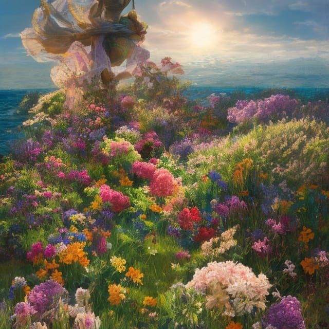 Hyperrealistic Flower Beach Photograph in Art Nouveau Style