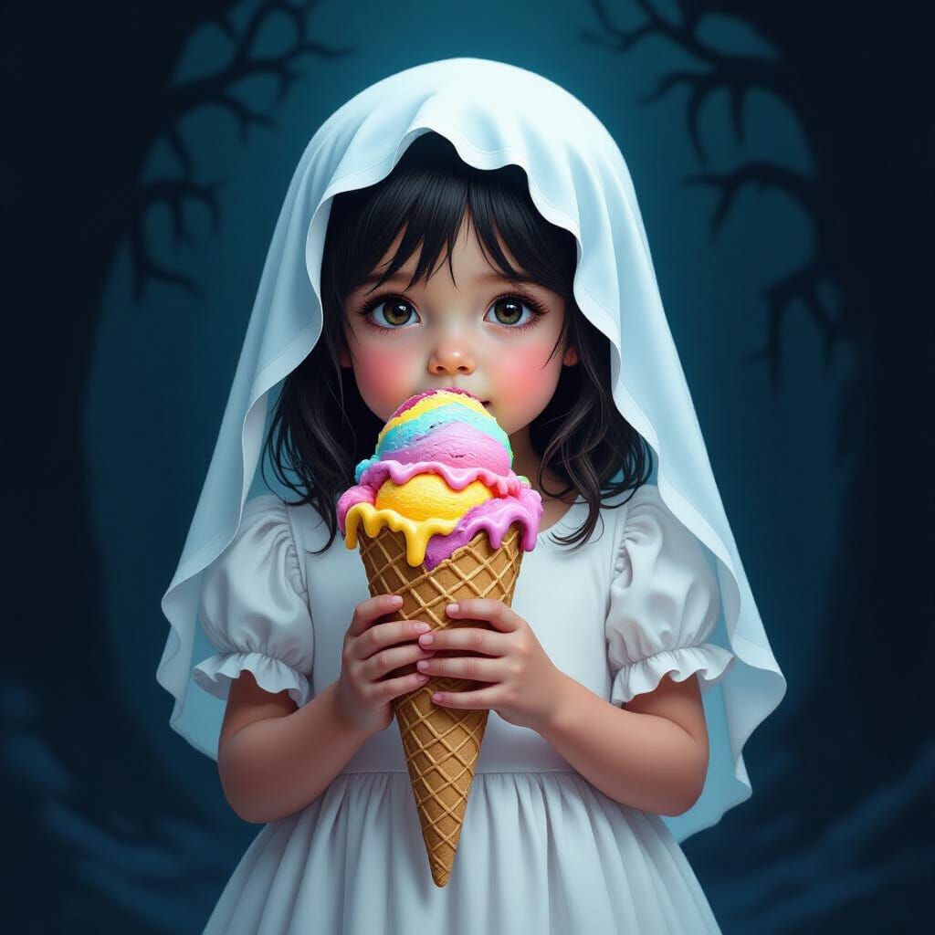 Ghost Girl Eating Ice Cream, Ominous Realism Style