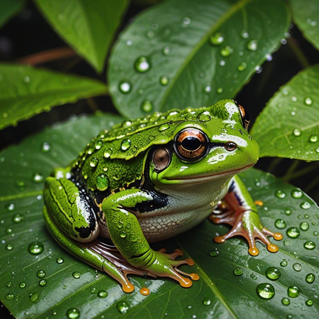 Surrealistic Green Frog in Macro Photography Style