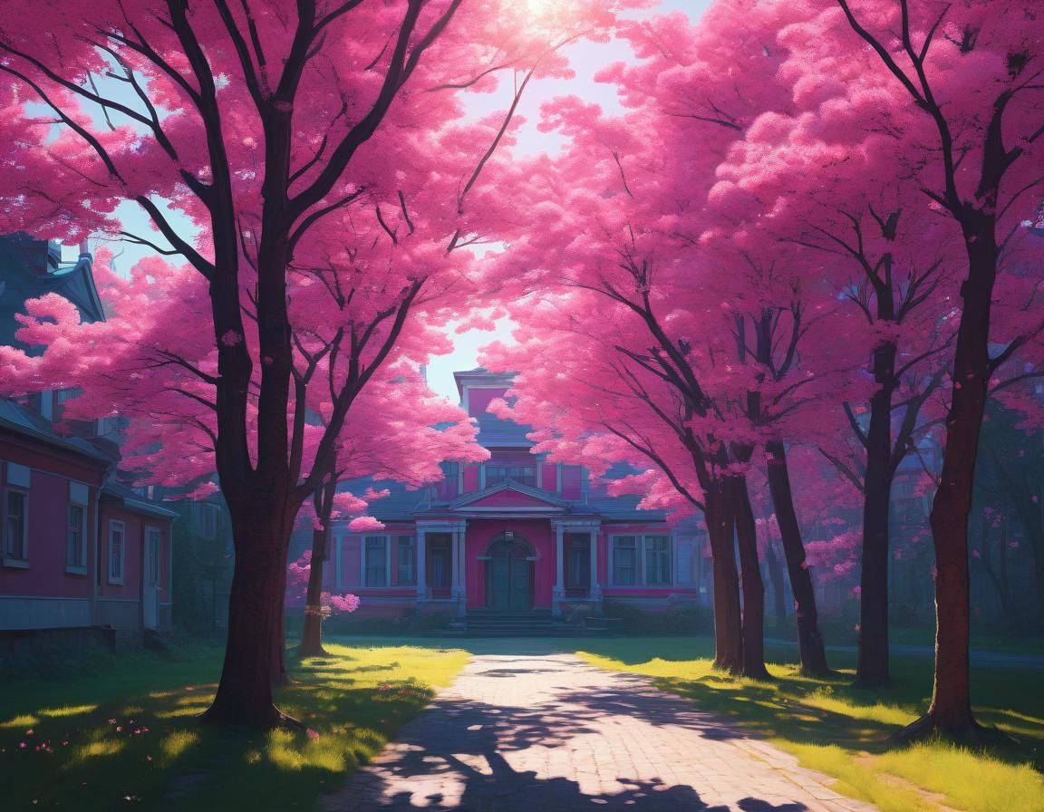 Ethereal Pink Blossom Scene in Expressionist Style