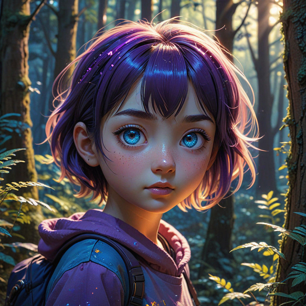Vibrant Anime Forest Maiden with Sparkling Eyes