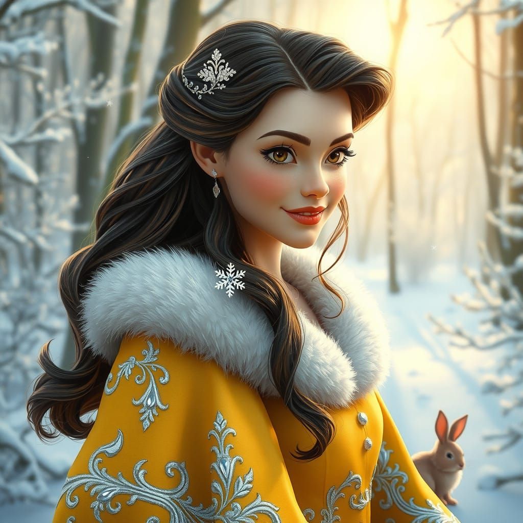 Ethereal Winter Princess in Regal Yellow Robes