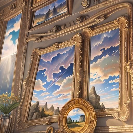 Photorealistic Sky Reflected in Primitive Art Mirrors