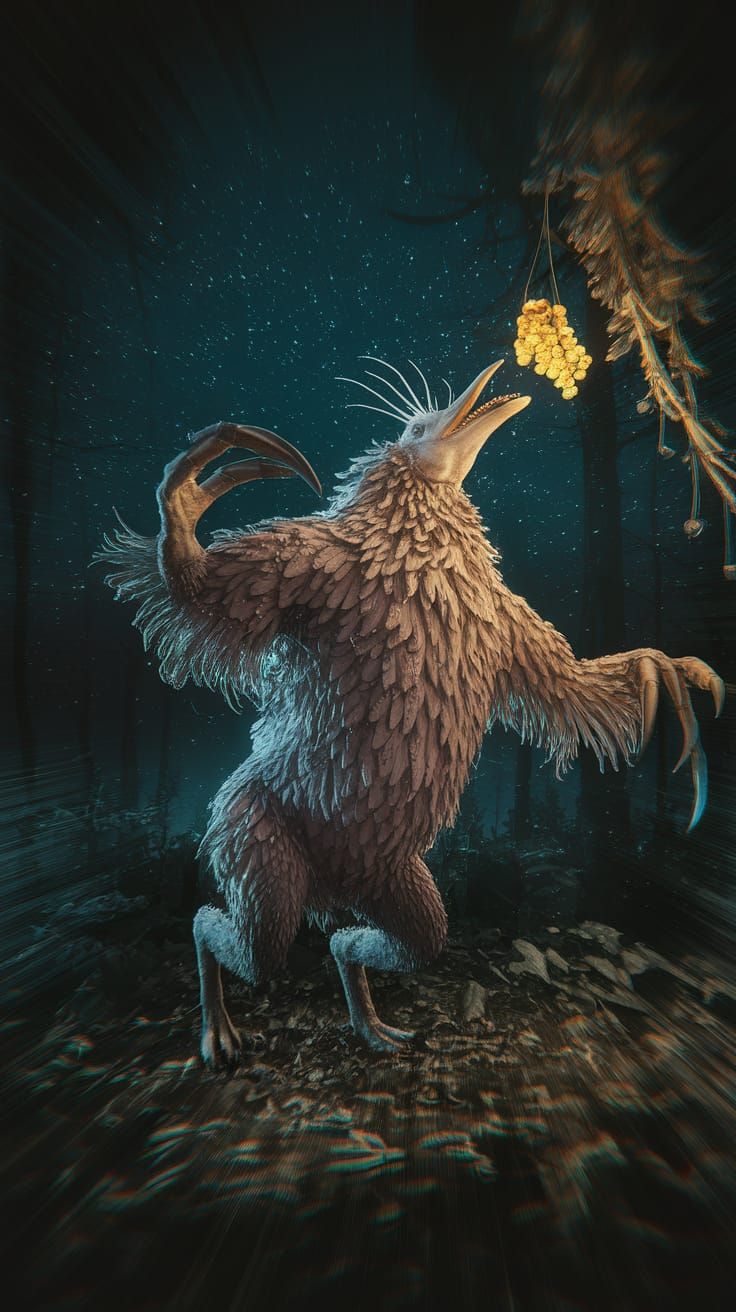 Alien Creature Eats Fireflies in Bioluminescent Forest