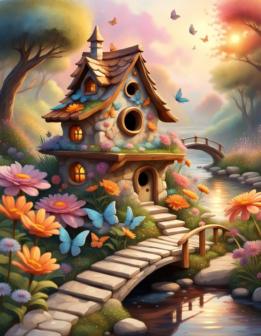 Enchanted Birdhouse in Whimsical Impressionist Wonderland