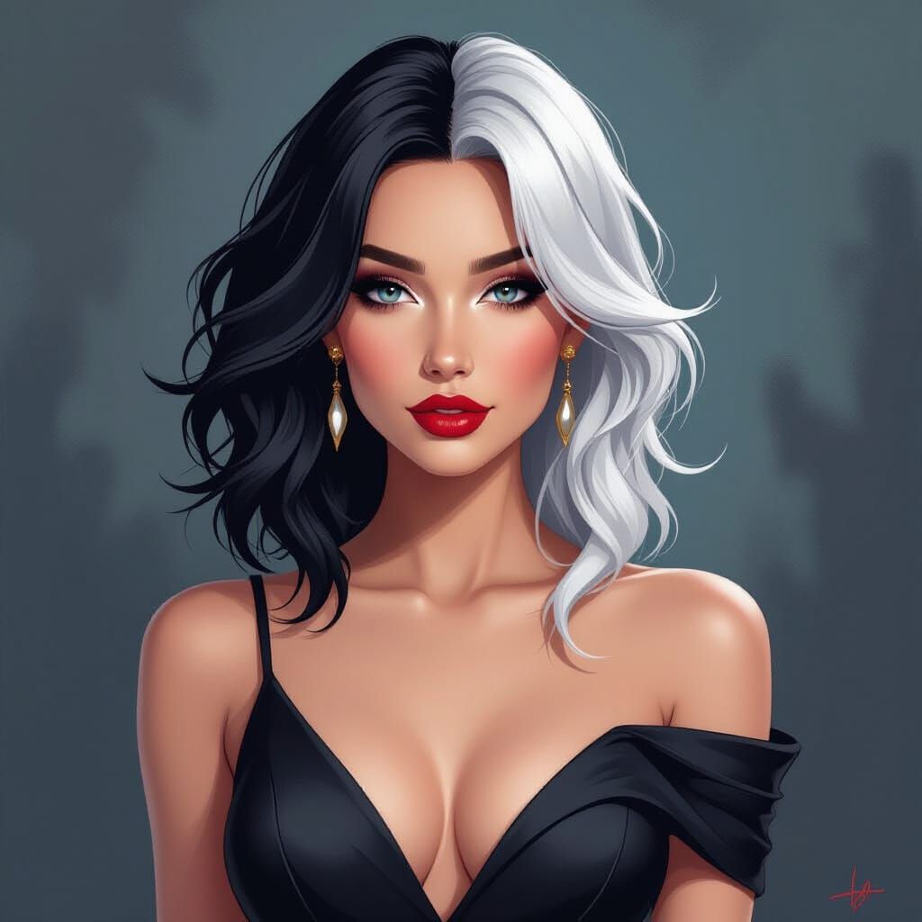Elegant Woman with Black and White Hair
