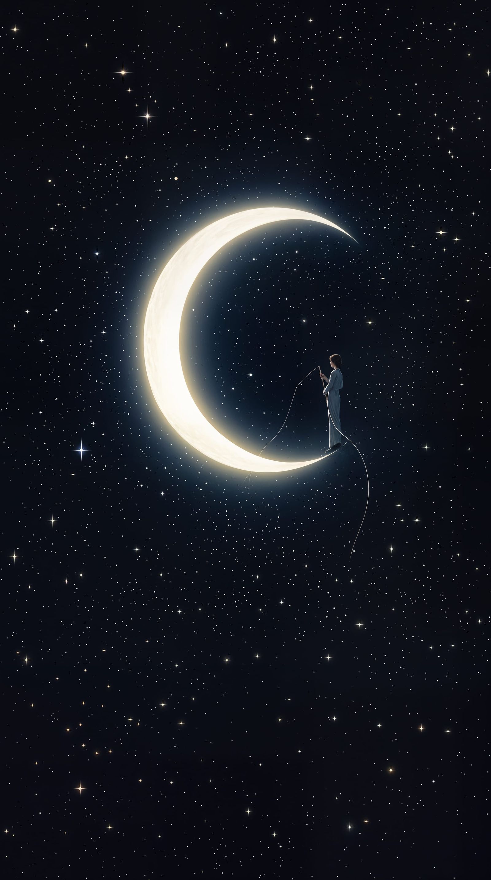 Celestial Fisherman in a Glowing Crescent Moon