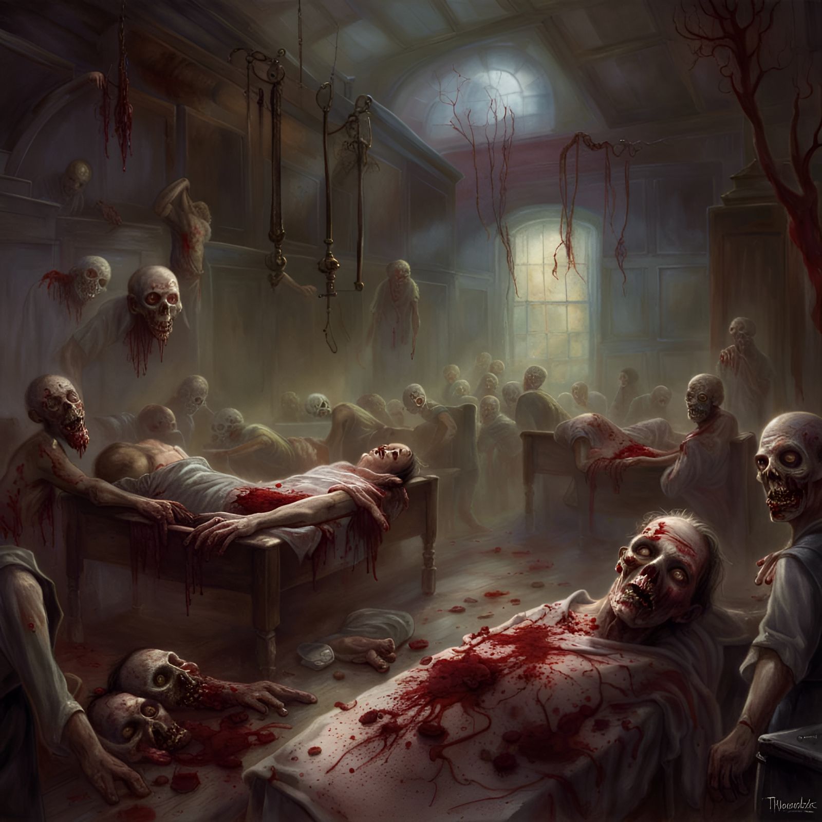 Ethereal Fantasy Morgue Scene with Rotting Zombies