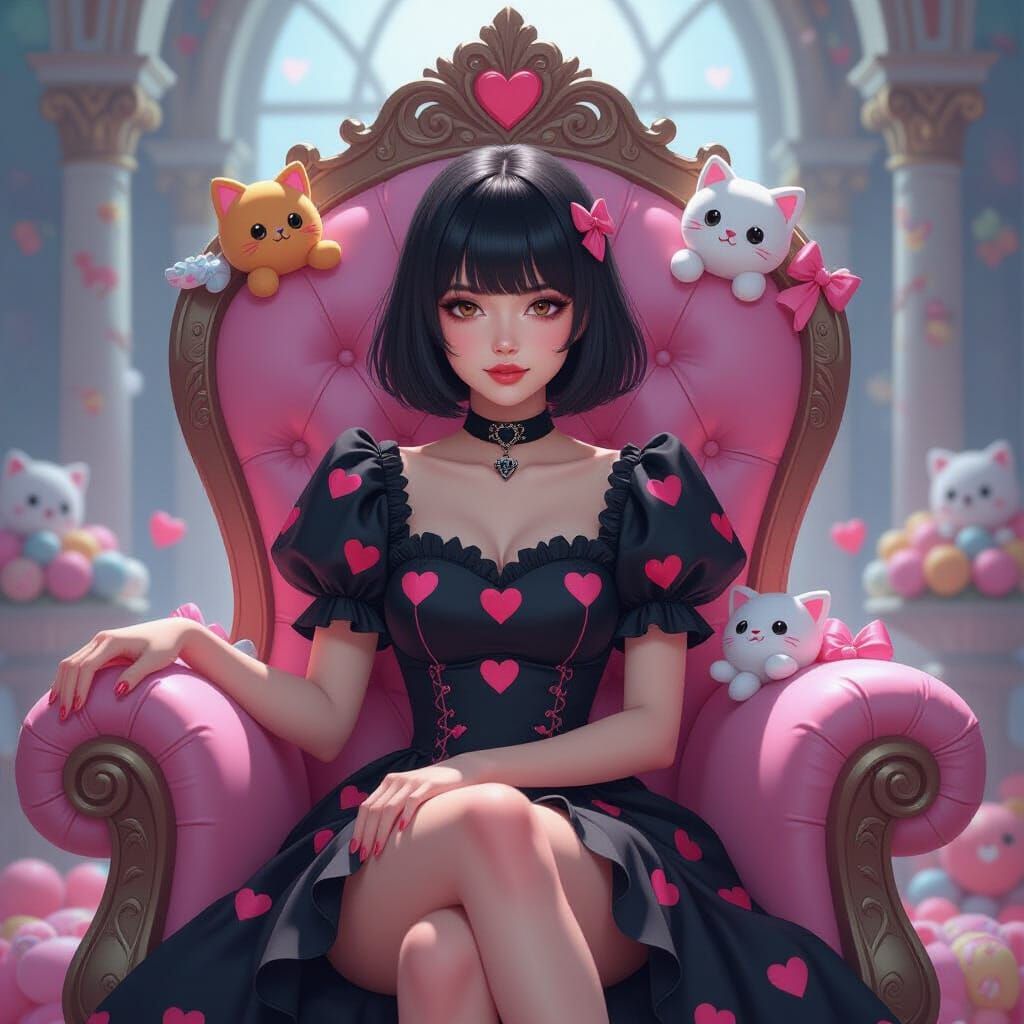 Yami Kawaii Thai Woman on Candy Throne, Art Nouveau Style