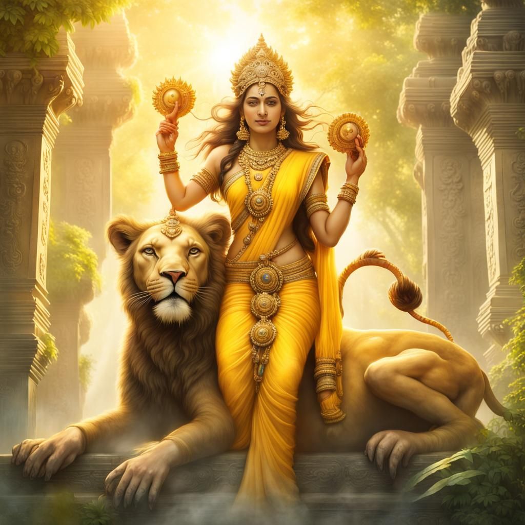 Indian Goddess Riding Lion in Jungle Temple