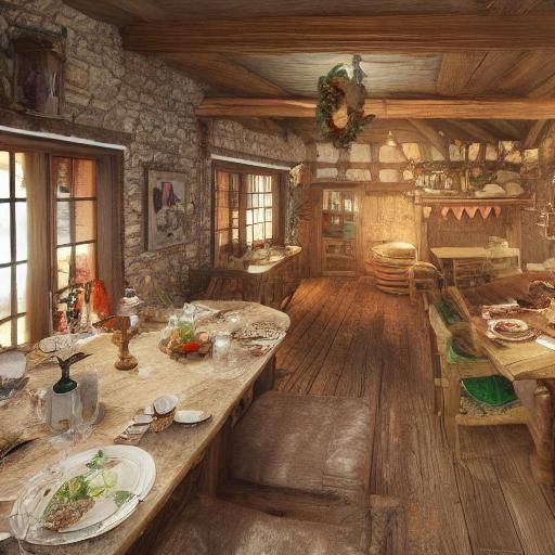 Cozy Christmas Dinner in Cottage: Detailed Matte Painting