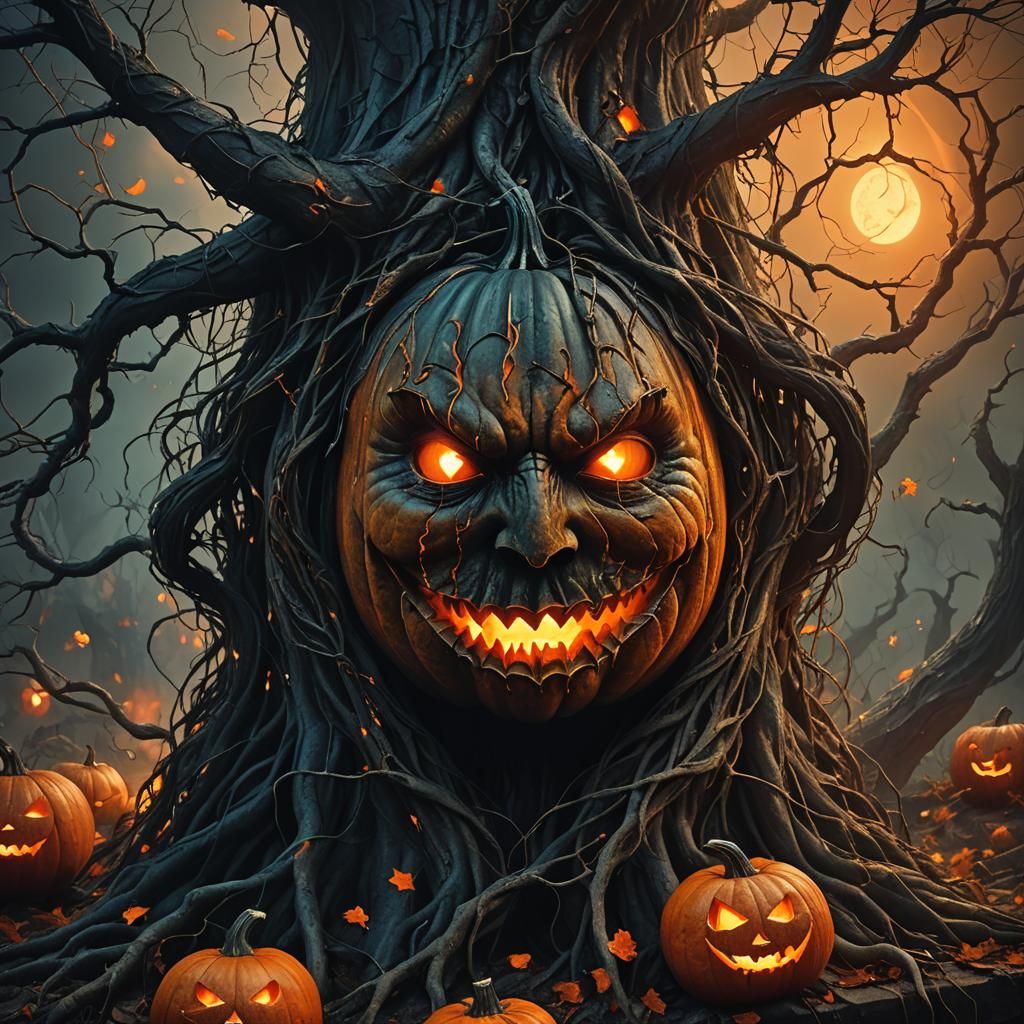 Eerie Witch-Faced Pumpkin in Dark Fantasy Style