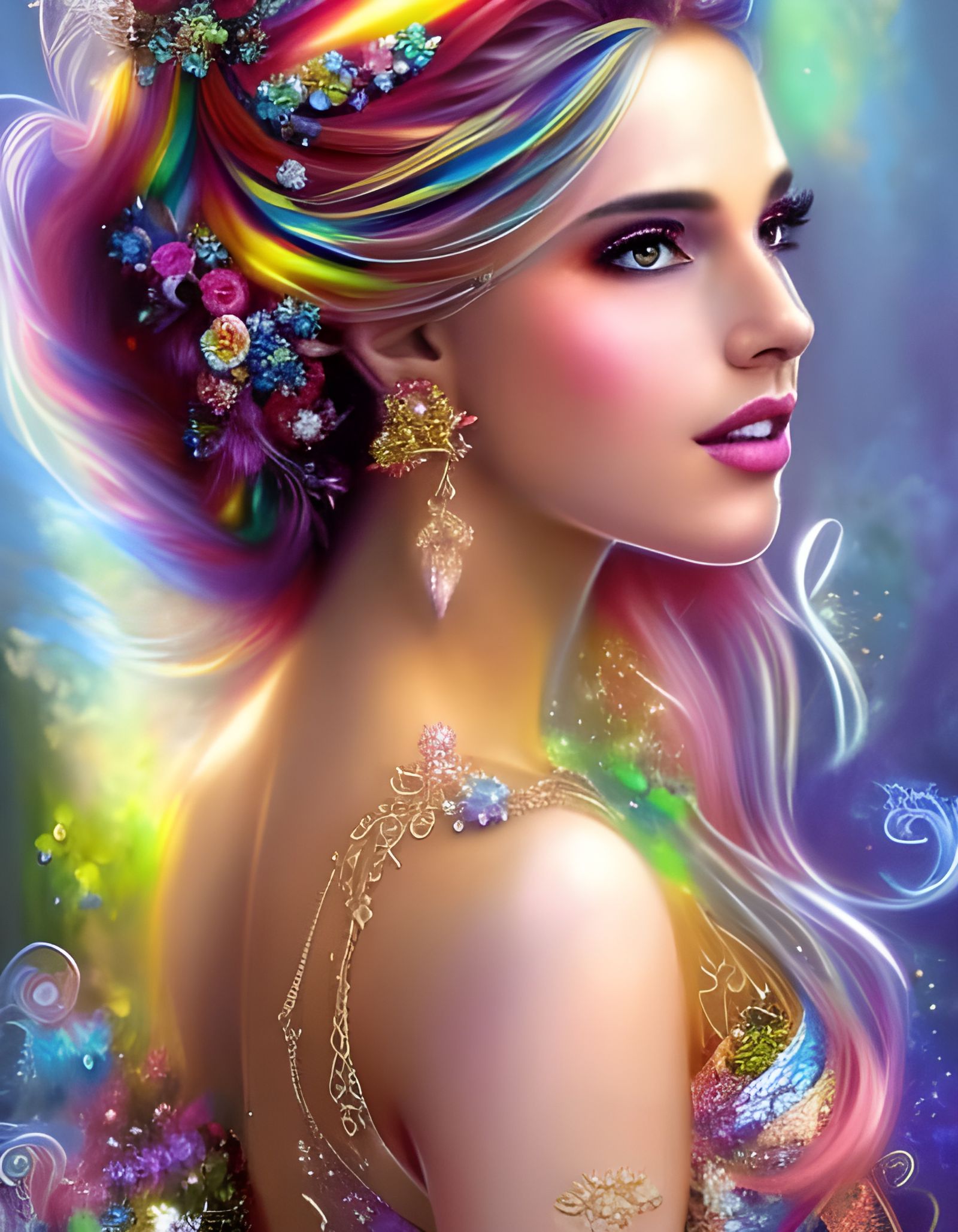 Rainbow Fairy Portrait with Crown of Flowers