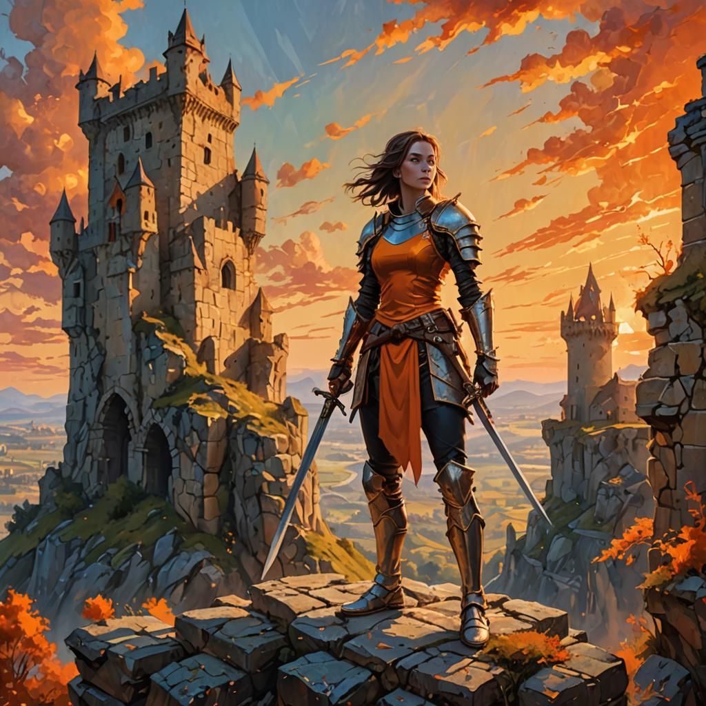 Female Warrior with Swords in Fantasy Landscape