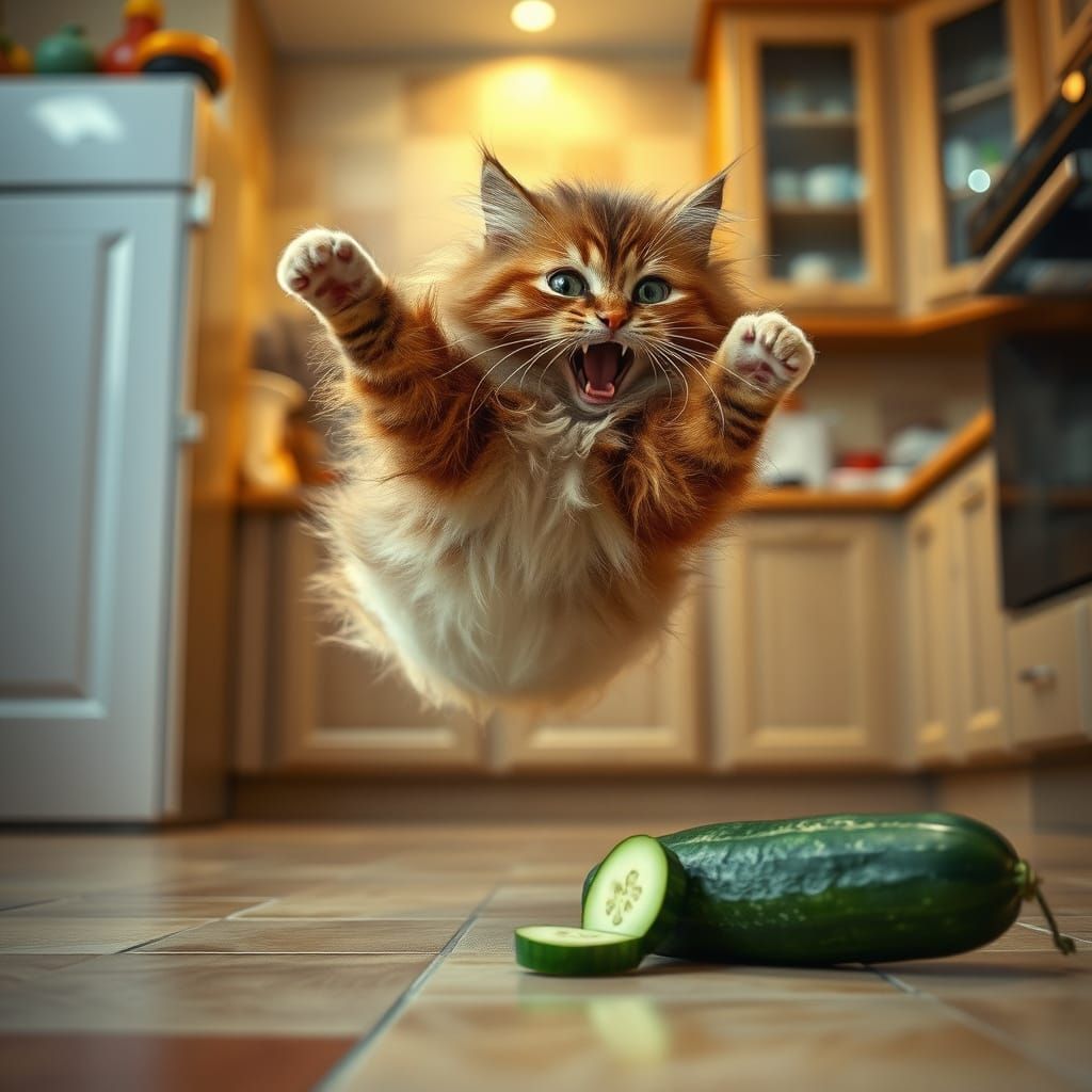 Fuzzy Cat Leaps in Fright from Cucumber in Photorealistic Ki...
