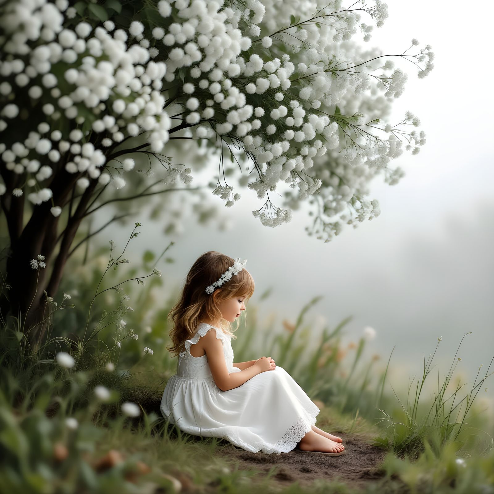 Girl Under Gypsophila Branch: Minimalist Pastel Sketch